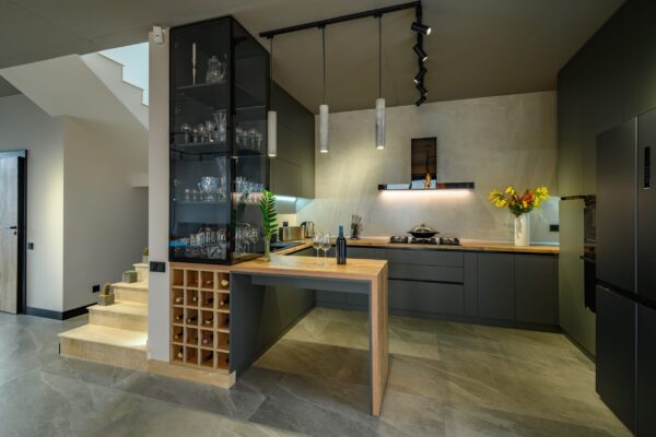 modern large luxurious studio apartment with kitchen and living room